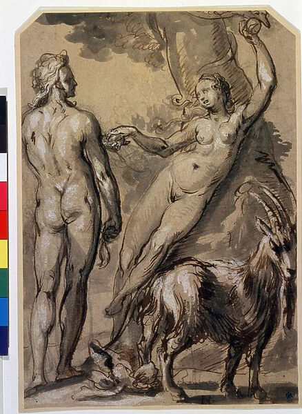 'Adam et Eve'Eve cueillant le fruit defendu et le tendant a Adam. Dessin a la plume de Gerrit Pietersz (1566-vers 1616) Fin des annees 1590. Musee Pouchkine, Moscou