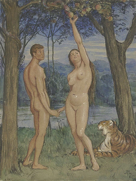 Adam and Eve, 1882 (black & red chalk, w / c on paper)