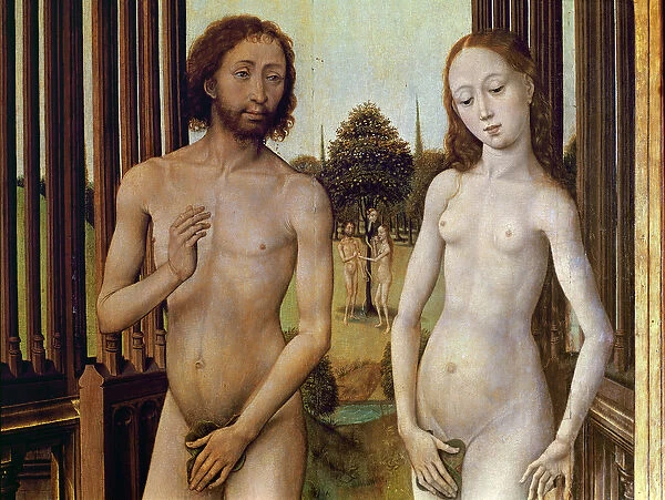 Adam and Eve expelled from the Garden of Eden after being tempted by the serpent to eat the apple