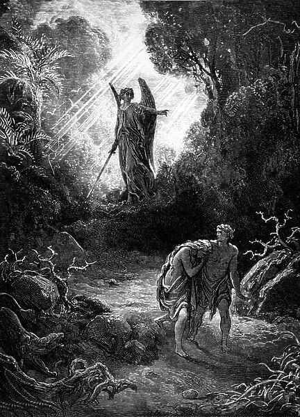 Adam and Eve are hunting from Paradise. Engraving by Gustave Dore. Mame Edition 1891