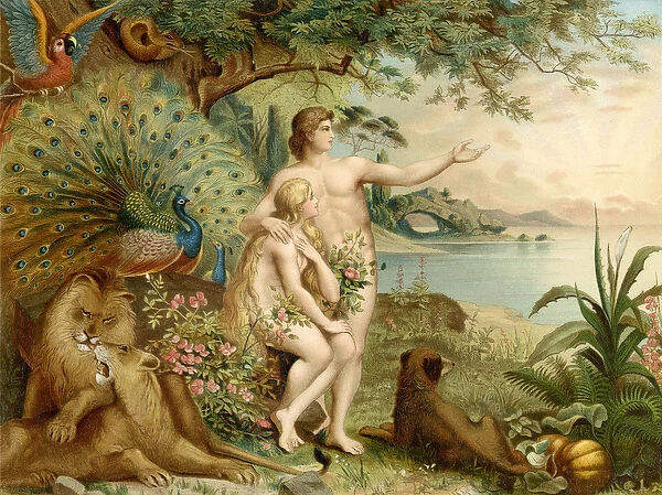 Adam and Eve in Paradise (colour litho)