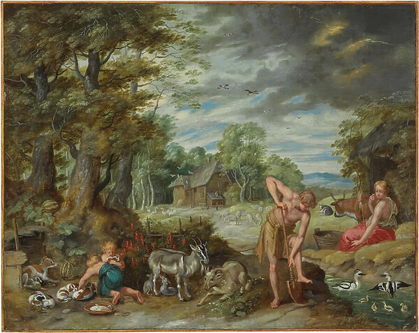 Adam at work in a field, from The Story of Adam and Eve (oil on copper