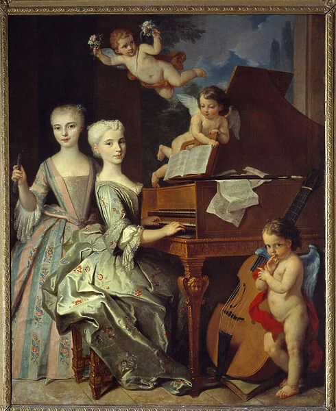 Adelaide de Gueidan and his sister at the harpsichord: Adelaide (1725-1786) and her sister Catherine (1726-1759) are members of a large Provencal family. They are surrounded by musical angels. 1735-1740. Oil On Canvas by Claude Arnulphy (1697-1786)
