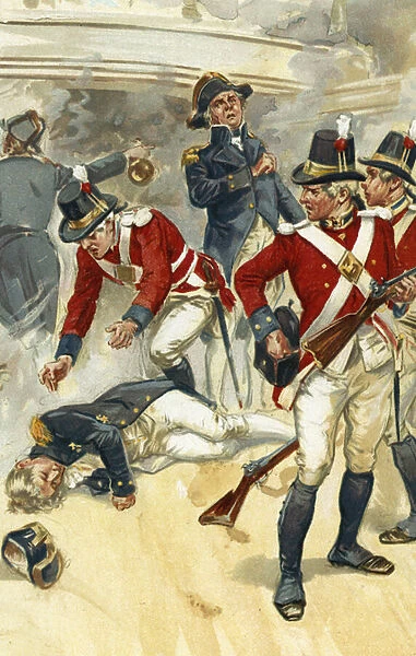 Admiral Lord Nelson fatally wounded at the battle of Trafalgar (colour litho)