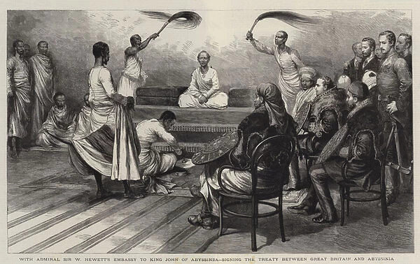 With Admiral Sir W Hewetts Embassy to King John of Abyssinia, signing the Treaty between Great Britain and Abyssinia (engraving)
