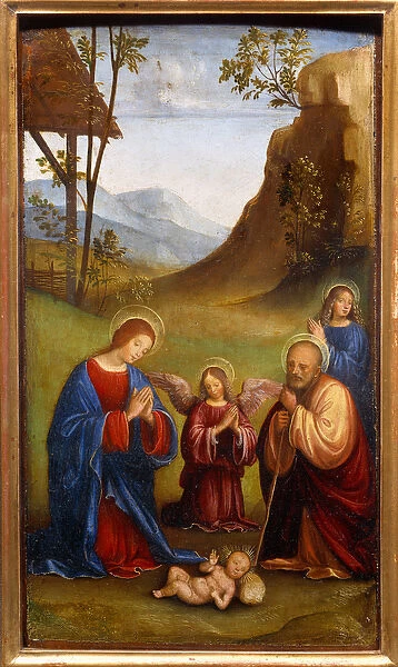 Adoration of the child. Saint Joseph, the Virgin Mary and an angel prays around the newly