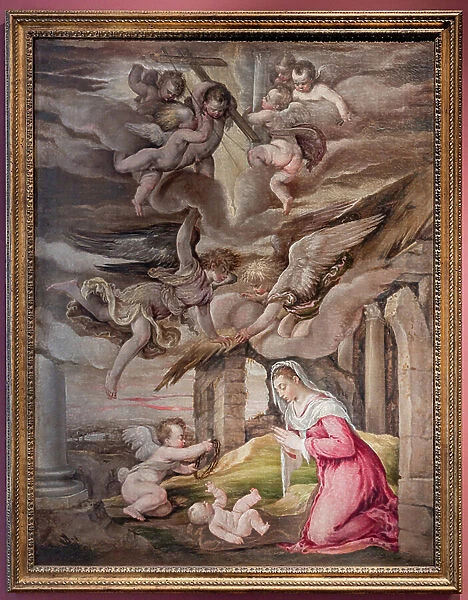 Adoration of Infant Jesus and angels with the instruments of passion, 1540 (oil on canvas)