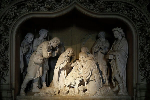 The adoration of the magi, 19th-century carved group by Haussaire of Reims (sculpture)