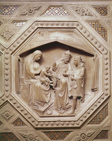 The Adoration of the Magi, detail from the base of the Tabernacle, 1349-59 (marble)
