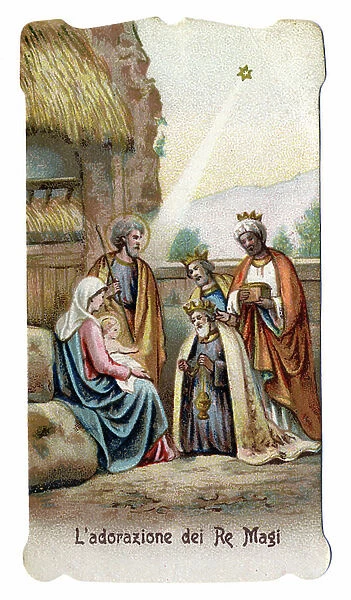 Adoration of the Magi (Epiphany - Christmas). Holy family, kings and star of the shepherd. Chromolithography around 1900
