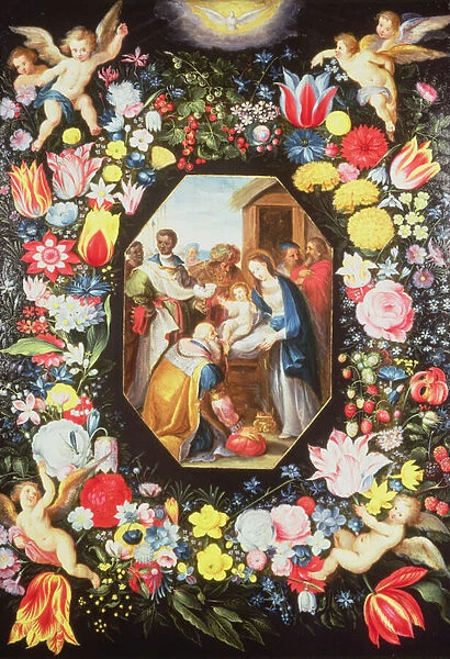 Adoration of the Magi Surrounded by a Garland of Flowers