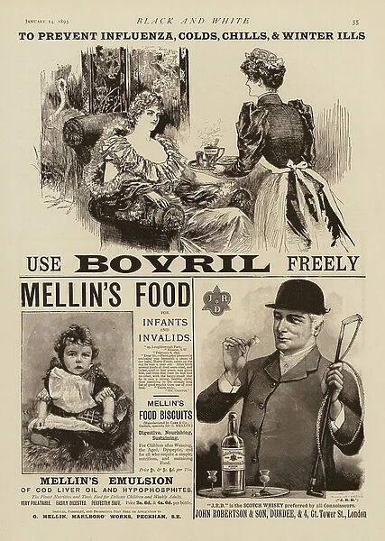 Advertisements for Bovril, Mellin's Food and JRD Scotch whisky (engraving)