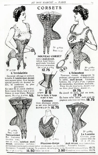 Advertisements for corsets and undergarments, from the Bon Marche catalogue, before 1914 (engraving) (b / w photo)