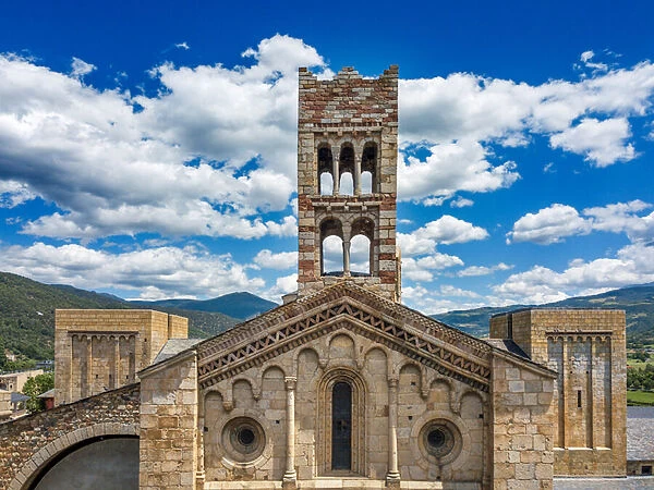 Aerial view of the facade of the Cathedral of Santa Maria in La Seu d Urgell, Lleida, 2021 (photo)