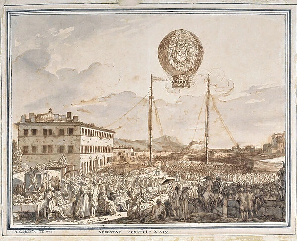 Aerostat built in Aix. A balloon built in Aix en provence. Drawing by Jean Antoine Constantin dit Constantine d Aix (1756-1844), 1784. Dim: 40x49, 5cm
