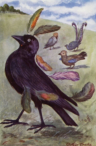 Aesops Fables: The vain Jackdaw (colour litho)