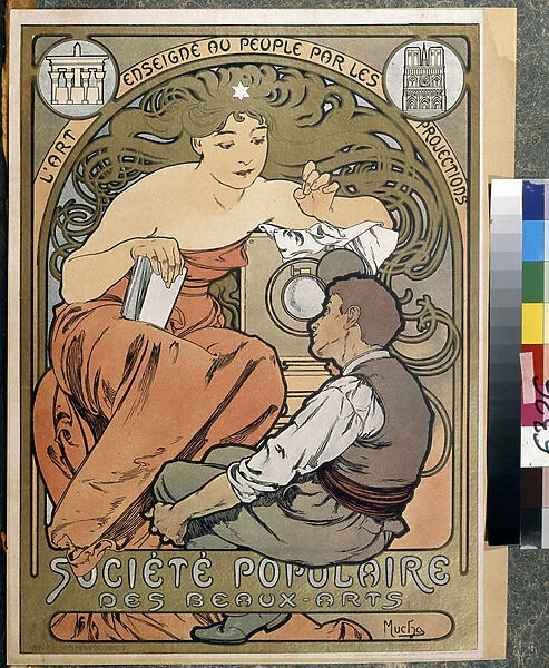 Affiche de publicite pour la Societe Populaire des Beaux Arts 'L art enseigne au peuple par les projections'. Affiche de Alfons Maria Mucha (Alphonse Marie Mucha, 1860-1939), 1897