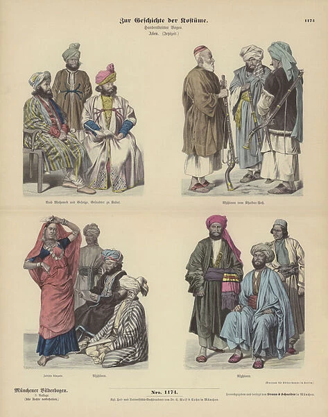 Afghan costumes, 19th Century (coloured engraving)
