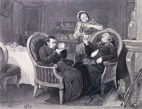Afterdinner: Two priests take coffee and digestive, served by their maid