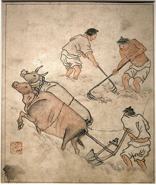 Agricultural work scene. Painting by Danwon (Kim Hongdo) (1745-1806), ink on paper, Coreen art, period Joseon (Choson) 18th century. National Museum of Korea, Seoul (South Korea)