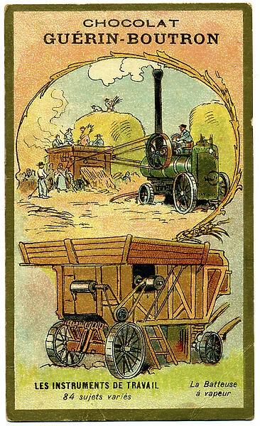 Agriculture. Agricultural machinery for the harvest: combine harvester. Imagery, France, c.1900