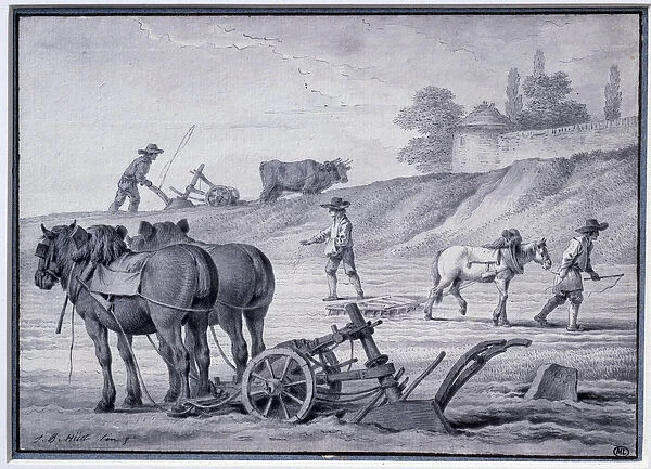 Agriculture: plowing scene. Drawing by Jean Baptiste Huet (1745-1811) 18th century Paris