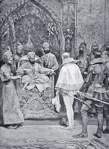 Akbar the Great receives Queen Elizabeths Ambassador in 1599 (litho)