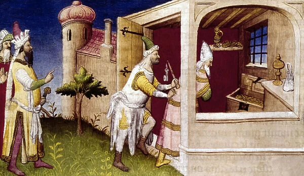 Al-Musta sim Billah trapped by Hulegu, illustration from Books of the Marvels of the World, by Rustichello da Pisa (vellum)