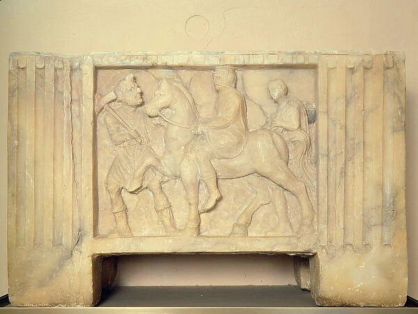 Alabaster urn with the deceased riding to the Underworld, 9th-1st Century BC (alabaster)