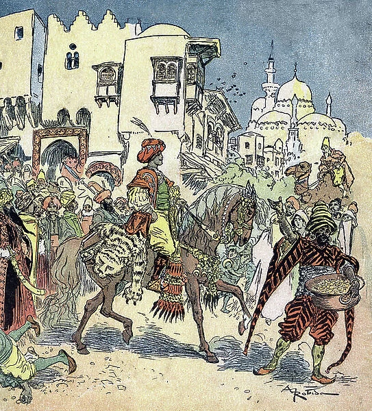 Aladdin riding through the streets of the city and throwing money aroud him Illustration by Albert Robida (1848-1926) for the tale 'Aladin and the wonderful lamp' in ' les mille et une nuits"