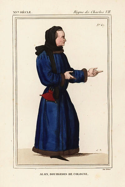 Alain le Gregeois, bourgeois man of Cologne, 15th century. Handcoloured lithograph by Leopold Massard after a miniature in the manuscipt of Histoire du Comte Gerard de Nevers in Roger de Gaignieres