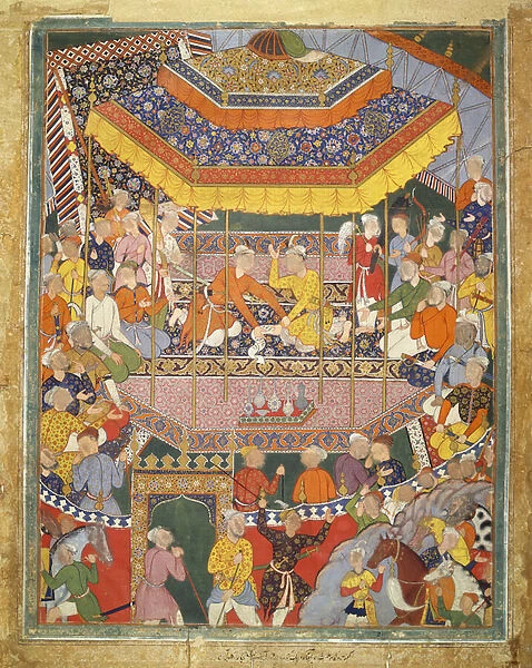 Alamshah converses with Qubad, illustration from the Hamza Nama, c