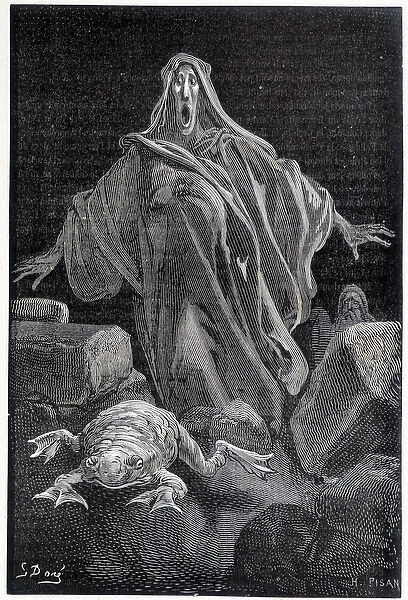 The alarm shouted - illustration of fear by Gustave Dore, engraving, 1874