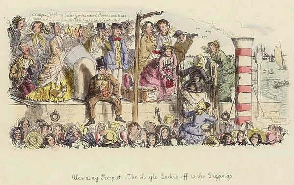Alarming Prospect, the Single Ladies off to the Diggings (coloured engraving)
