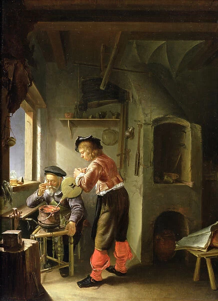 An Alchemist and his Assistant in their Workshop (oil on panel)