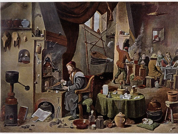 An alchemist laboratory in the 17th century - according to the painting of David Teniers