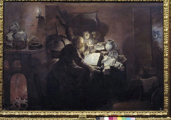 The alchemist in his studio. Painting by David Ryckaert III (Rijckaert) (1612 - 1661) Ec
