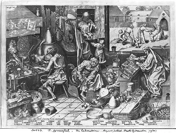 The Alchemist at work, engraved by Hieronymus Cock (c. 1510-70) (engraving) (b  /  w photo)