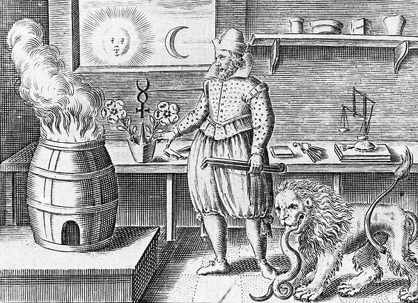 The alchemist in his workshop (engraving)