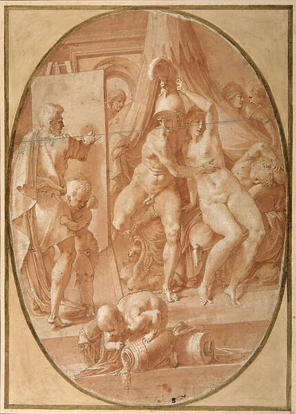 Alexander and Campaspe in the studio of Apelles (pen and Indian ink, with rose washes and white heightening)