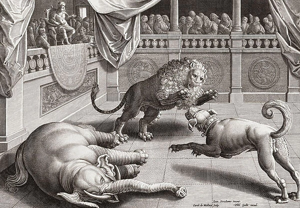 Alexander the Great watching animals fight, 16th century (engraving)