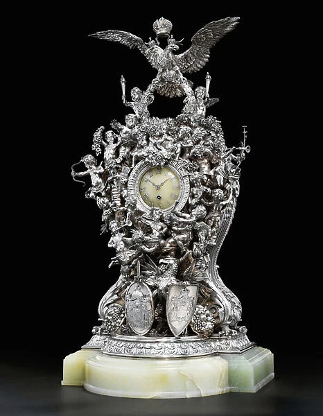 The Alexander III 25th Anniversary Wedding Clock, 1891 (silver, onyx & diamonds)