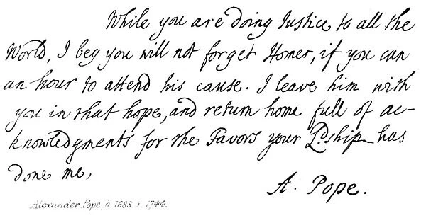 Alexander Pope (1688-1744), letter to Earl Halifax, 1714 (engraving)