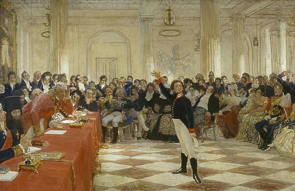 'Alexander Pushkin at an examination in the Lyceum of Tsarskoye Selo on January 8, 1815'by Ilya Yefimovich Repin (1844-1930), Oil on canvas, 1911, (127x201 cm) - Institut of Russian Literature IRLI (Pushkin-House)