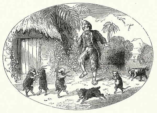 Alexander Selkirk and the dancing goats (engraving)