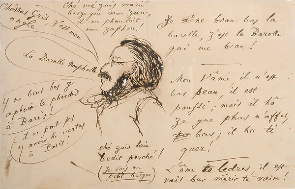 Alexandre Weill (1811-99) speaking nonsense (pen & ink on tracing paper)