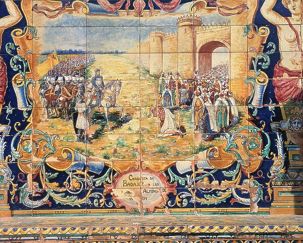 Alfonso IX, King of Leon (1171-1230) Conquers Badajoz, 19th century (glazed ceramic tiles)