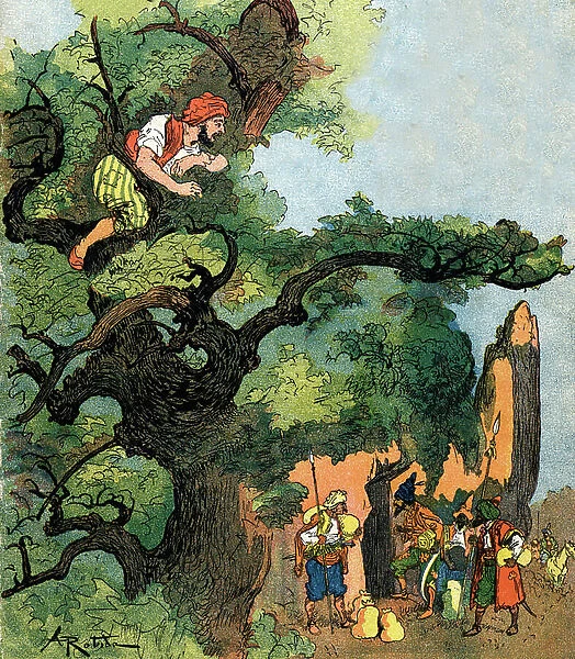 Ali baba overhears a group of forty thieves visiting their treasure store Illustration by Albert Robida for Ali Baba and the Forty Thieves 1945 Private Collection