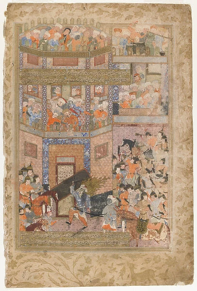 Ali lifts the gates of Qamus, from a Rawzat al-safa, 1571-72 (opaque watercolor