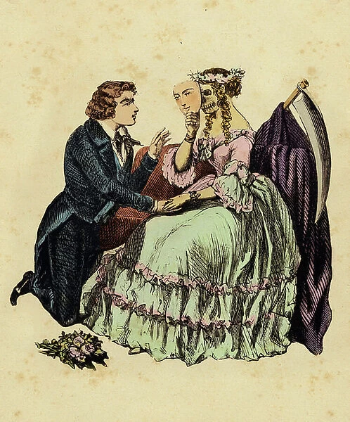 Allegorical illustration on syphilis and venereal diseases depicting a young woman with the face of Death (skeleton) that she hides from a mask in front of a young seducer